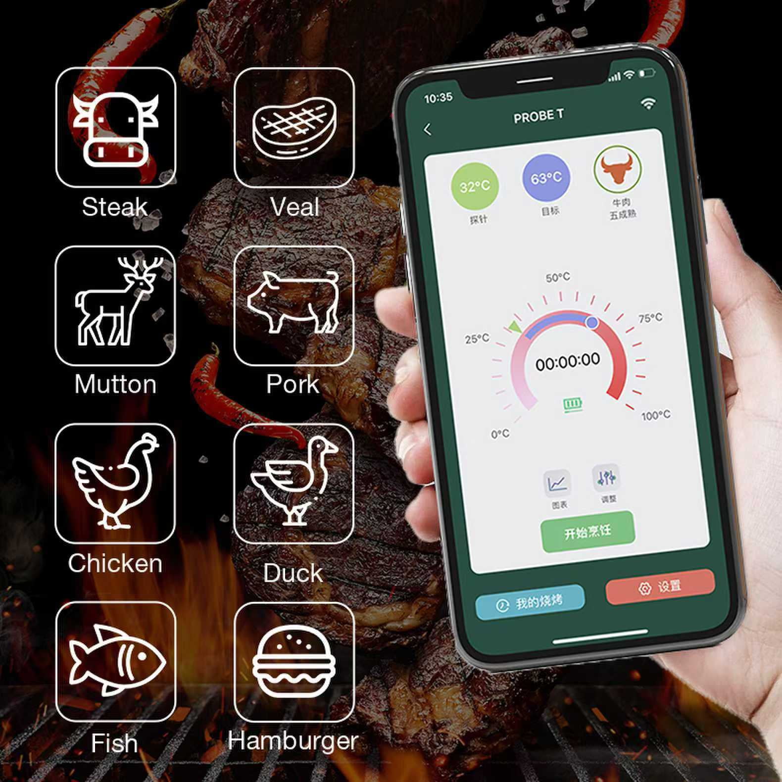 Wireless Meat Thermometer Outdoor Smart Meter Digital Waterproof Kitchen Oven Grill Food Thermometer