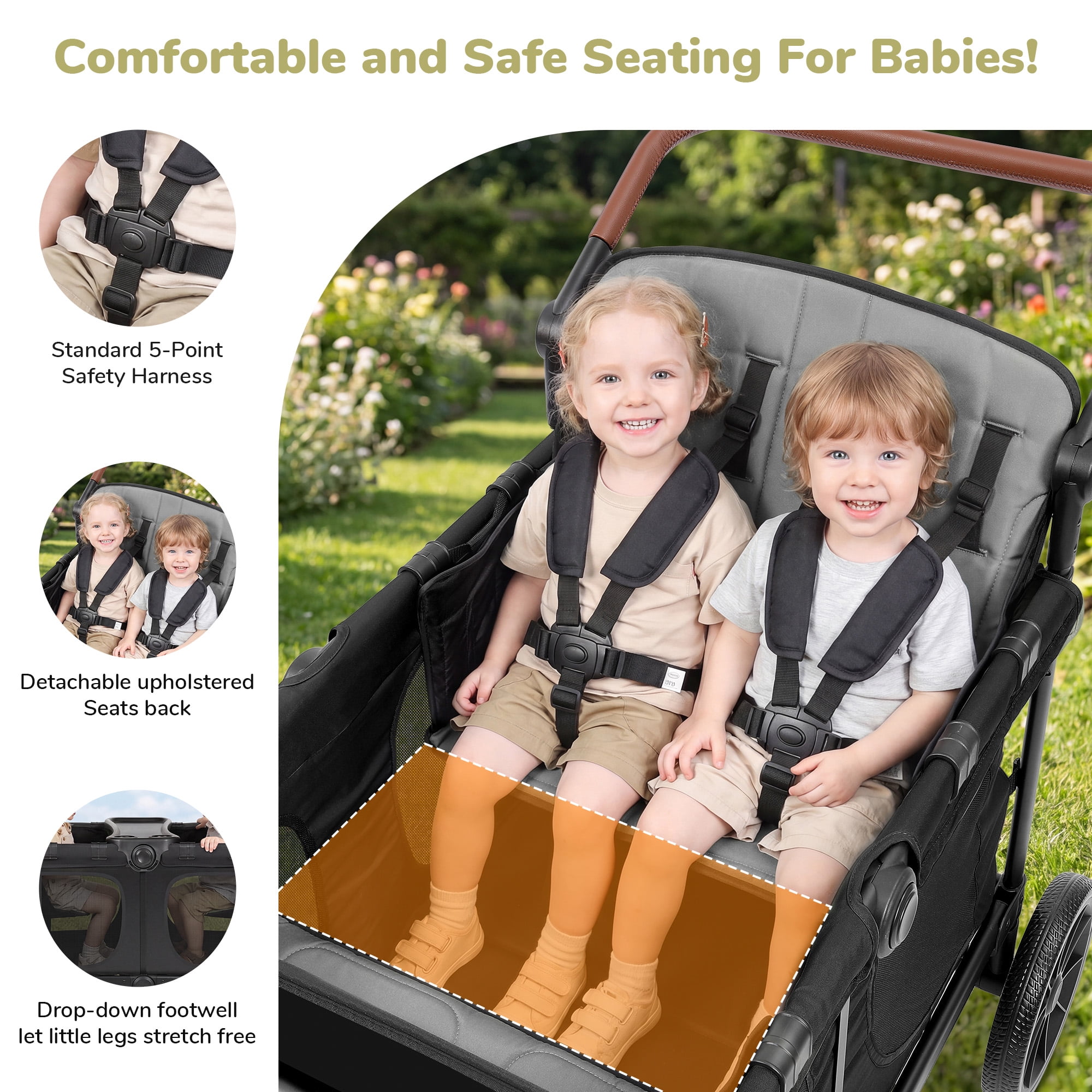 Neche Collapsible Wagon Stroller 4 Seater with 5-Point Harnesses, Canopy, Storage Bag, Adjustable Handlebar, 2 Cup Holders, Grey