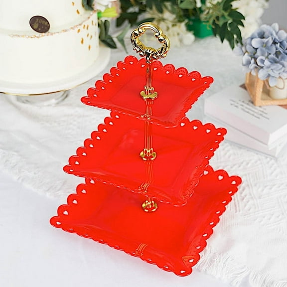 BalsaCircle Red 3 Tiers Plastic 13" Cupcake Holder Square Dessert Stand