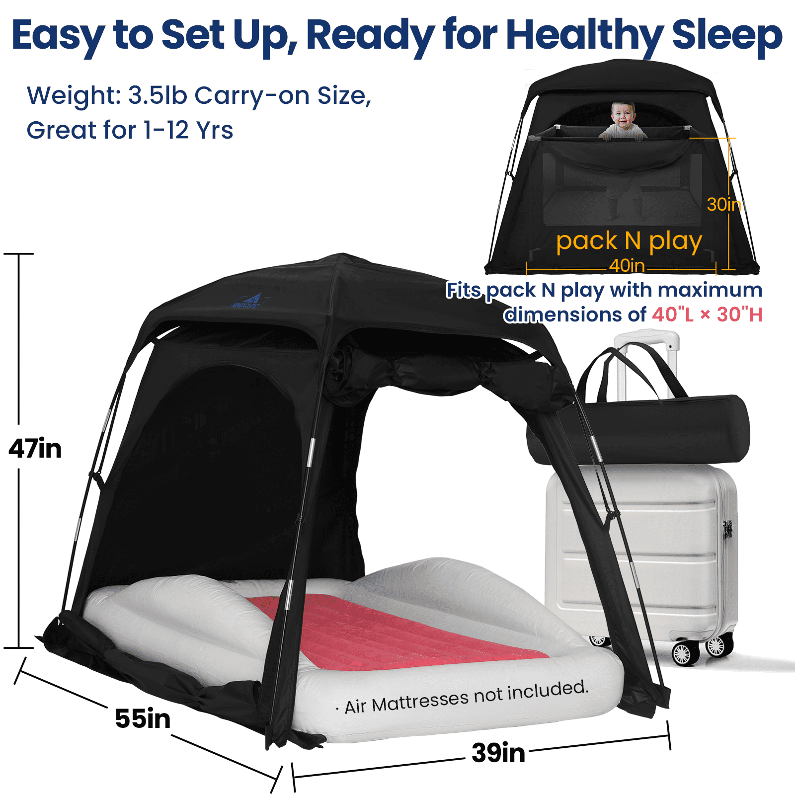 KNOCLOC Blackout Sleep Tent for Toddler Travel Bed, Pack and Play, Kids Air Mattress & Cot, CPC Certified Baby Sleep Pod with Fan Pouch Breathable Portable & Easy Setup
