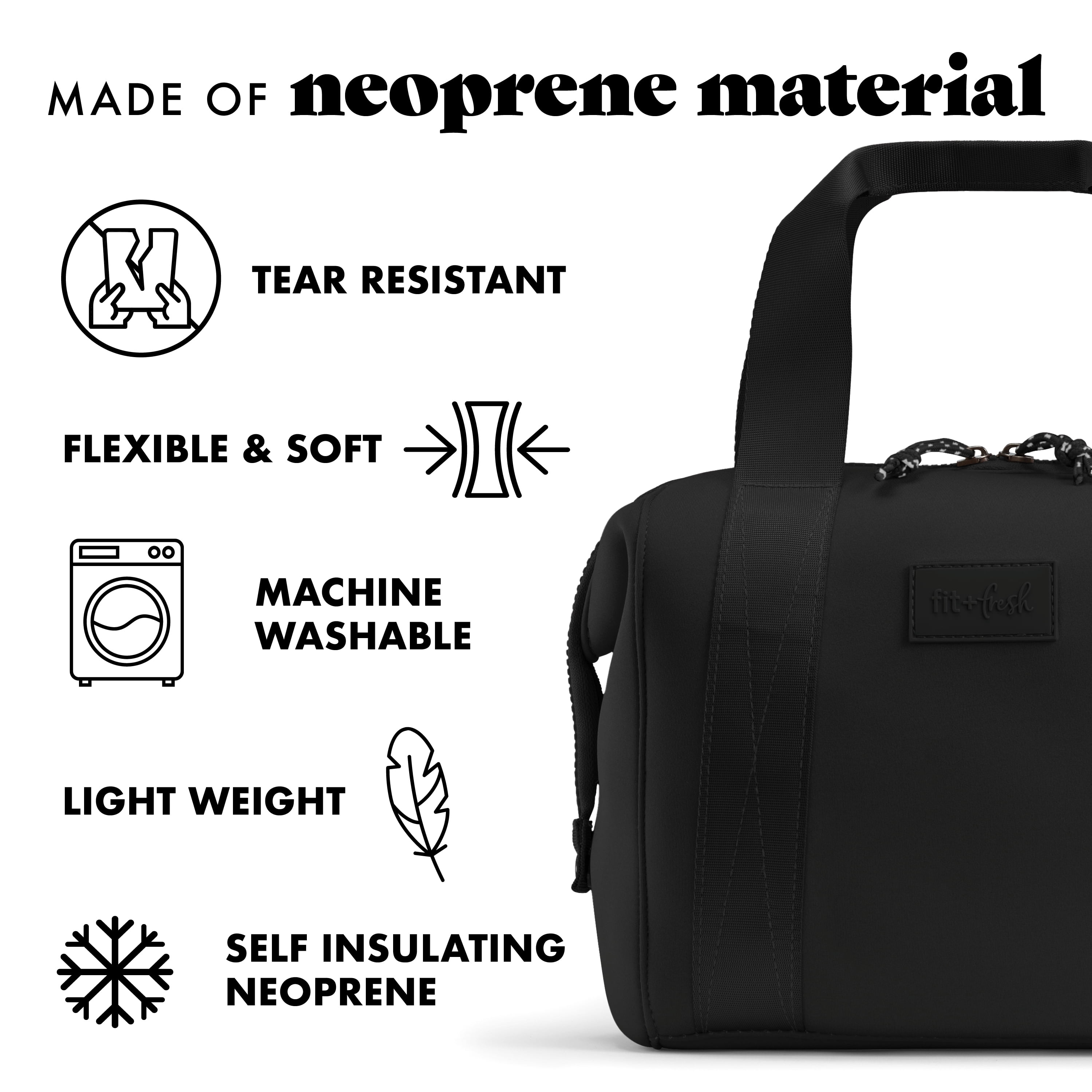 Fit & Fresh 4511CX3480 Women's Lunch Bag, Self Insulating Neoprene Material Lunch Box With Containers & Ice Pack, Black