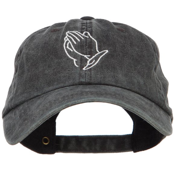 Praying Hands Outline Embroidered Washed Cotton Cap - Black OSFM