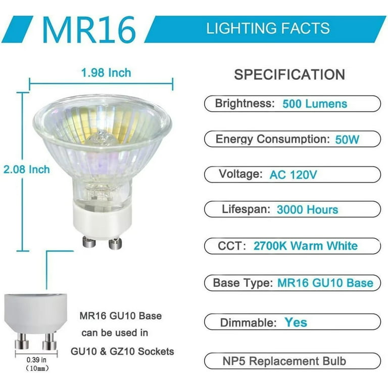 GU10 Bulb, High Brightness gu10+c 120v 50w Halogen Light Bulbs, 2800k Warm  Light, gu10 Dimmable with Glass Cover for Range Hood Light Bulbs, Track