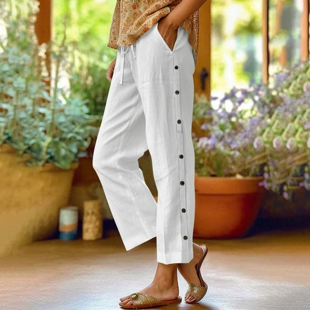 WILLBEST Pantalones Casuales de Verano Para Mujer, Diseño de Nueve Botones, Ideal Para Uso Diario, Estilo Cómodo Para Conjuntos de Manga Corta, Fácil Cuidado Con Opción de Lavado A Máquina.