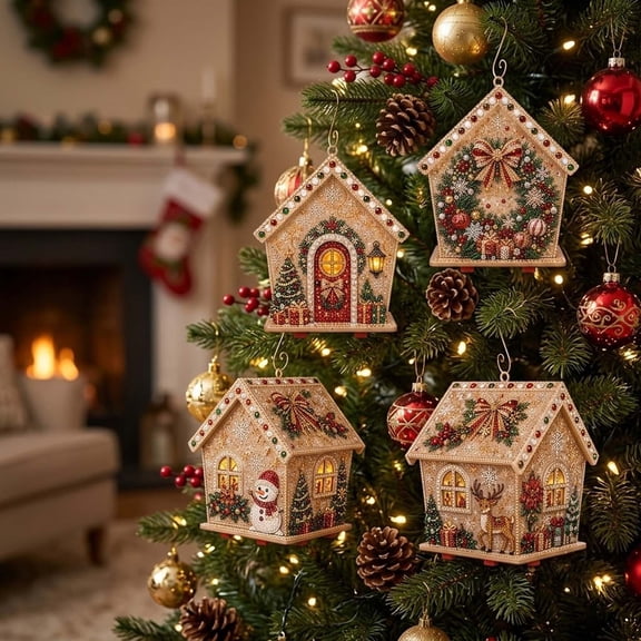 3D Diamond Painting Gingerbread House Kit, DIY Wooden Christmas Crystal Mosaic Craft Kit for Adults, Full Drill Handmade Ornament for Tabletop Display and Hanging Holiday Home Decor