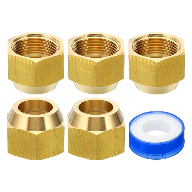 Tuerca de Flare de Latón SAE 3/4 Uxcell, Paquete de 5, Conexión de Tubo de Cobre Flare a 45 Grados, Tapa de Conexión de Tubo de Latón con Cinta Brillante