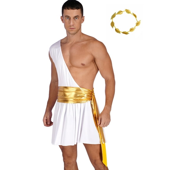Linjinx Men's 2Pcs Festival Ancient Greek God Toga Outfit and Headwear Set for Toga Party White M