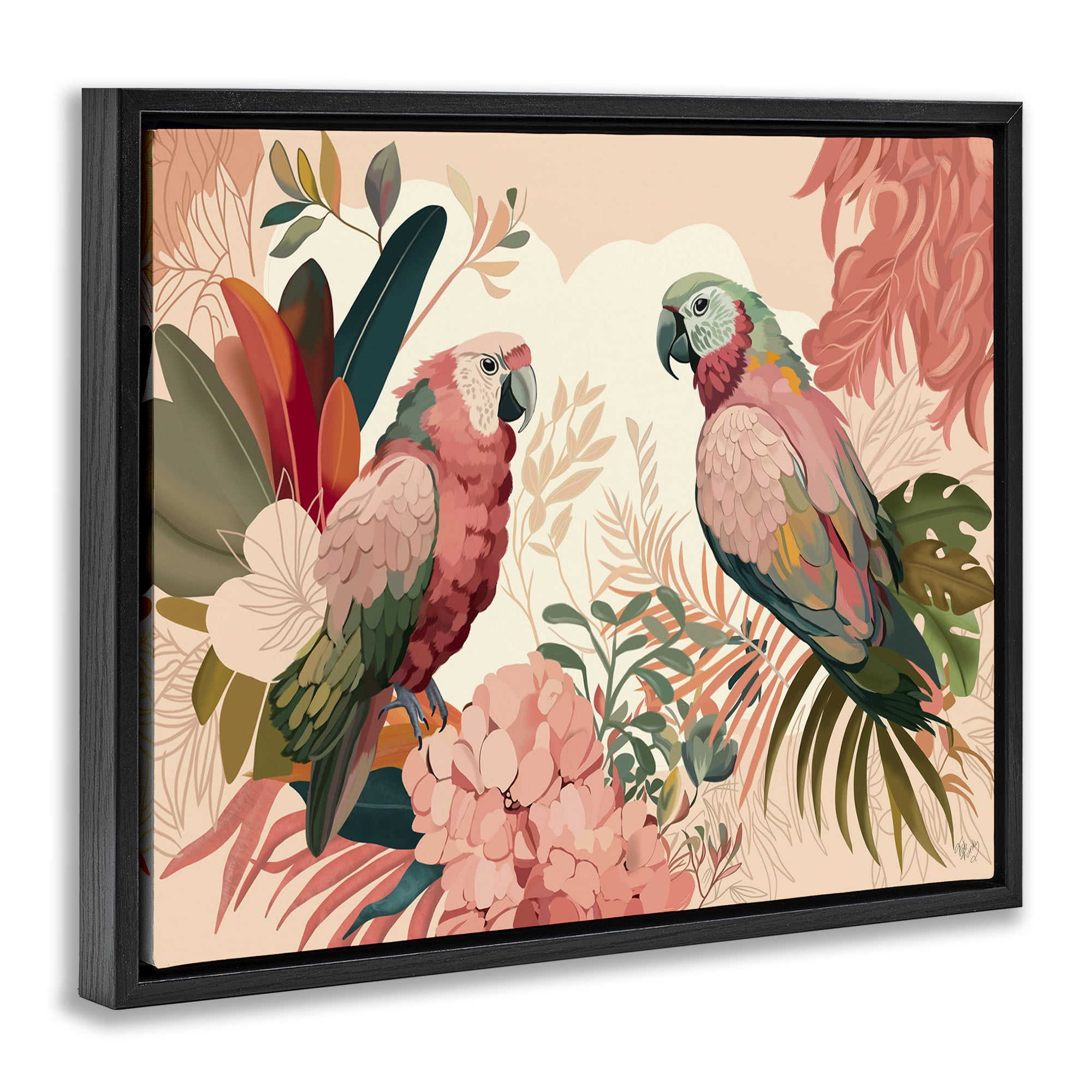 Stupell Industries Pink Parrots & Leaves Animals & Insects Painting Black Floater Framed Canvas Art Print Wall Art, 21 x 17