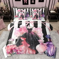 Manfei Black Pink Dress Bedding Comforter Set 7pcs for Girl, Modern Fashion Artwork Queen Bedding Sets, Chic Stripes Lines Reversible Queen Sheet Sets, Luxury Bedroom Decor