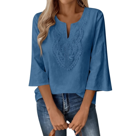 WULMLEO Boho Tops for Women Blouses Dressy Casual V Neck 3/4 Sleeve Shirts Spring Outfits Trendy Vacation Clothes Blue 3XL