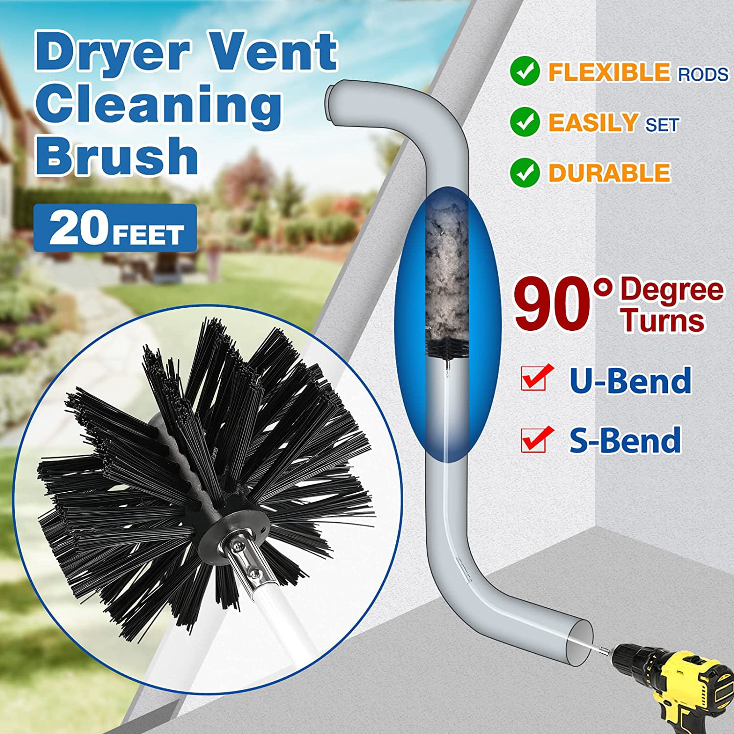 BoxLegend 30 Ft Dryer Vent Cleaner Kit Brush Lint Remover Fireplace Chimney  Brushes Synthetic Brush 
