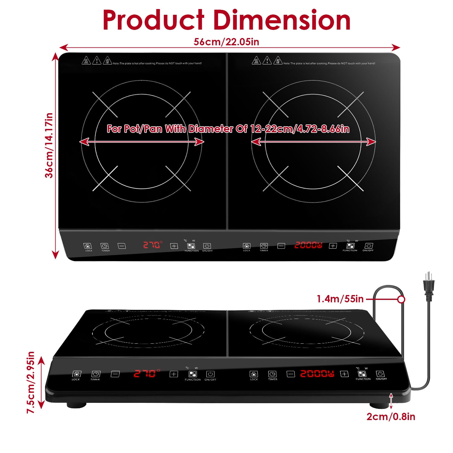 TeqHome Double Induction Cooktop 4000W Portable Induction Countertop with 9 Power Levels 9 Temperature Settiings From 176℉ to 518℉ Smart Timer 0-3H and Safety Lock Black