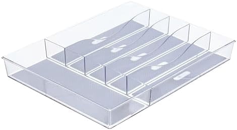Silverware & Utensil Drawer Organizer - Divided Clear Plastic Storage Tray with 6 Compartments for Kitchen Flatware and Cutlery - BPA Free, Food Safe, Non Slip, 12x15 inches