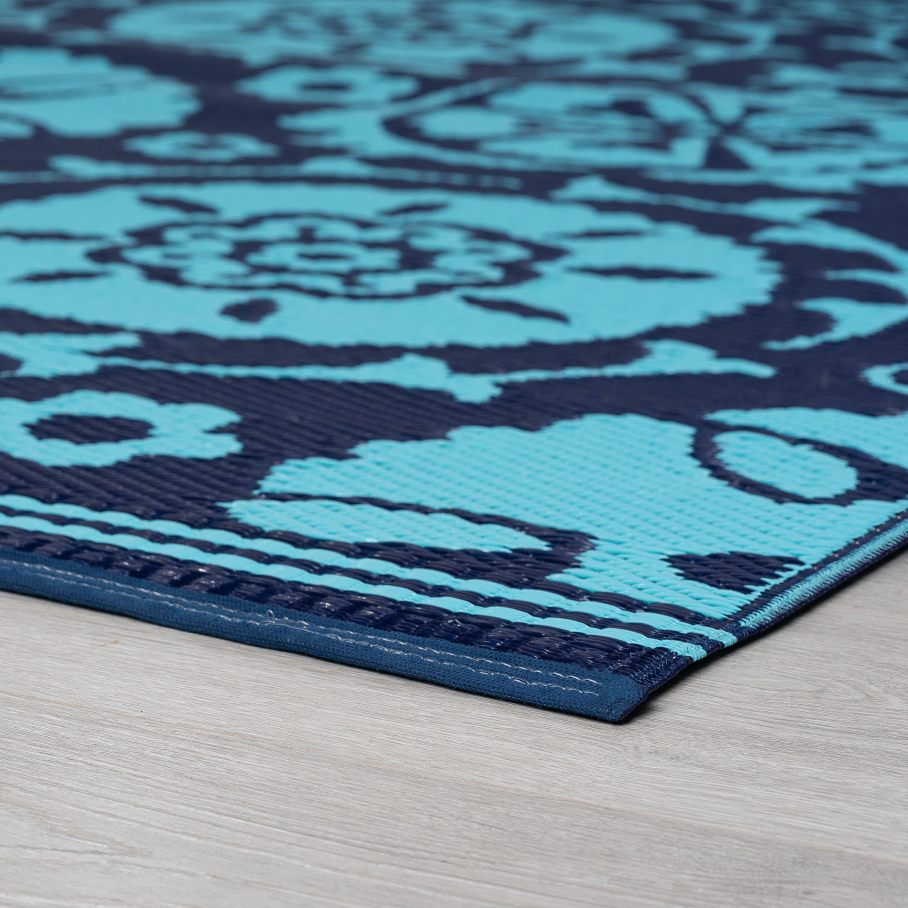 5x7 Waterproof, Reversible Plastic Straw Outdoor Rugs for Patios | Also for Camping, RV, Deck, Porch, Balcony, Camp, Patio | Navy, Floral | Size: 5' x 6'11''