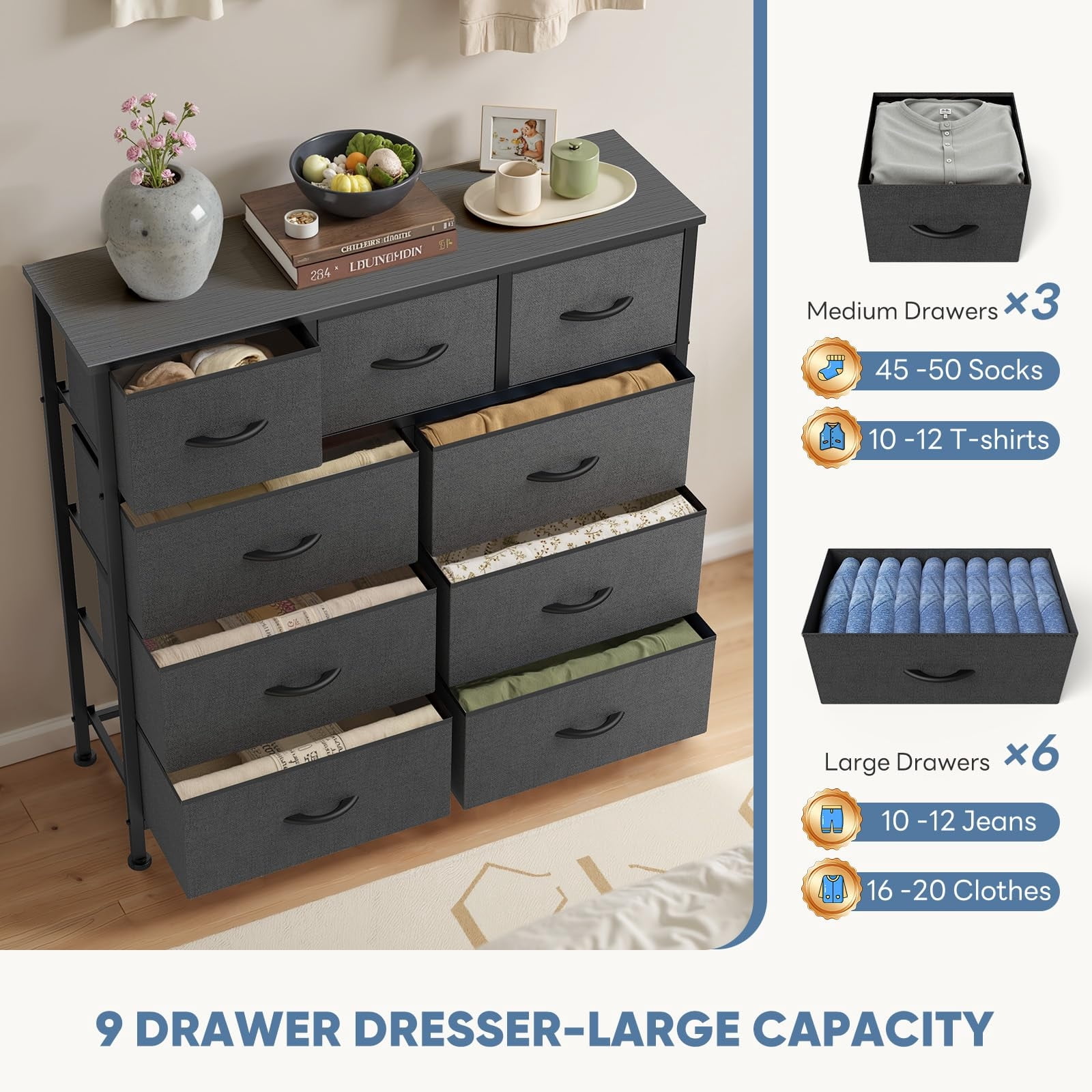 Telyra 9-Drawer Fabric Dresser Tall Storage Tower with Wood Top and Steel Frame Bedroom Closet Organizer, Gray