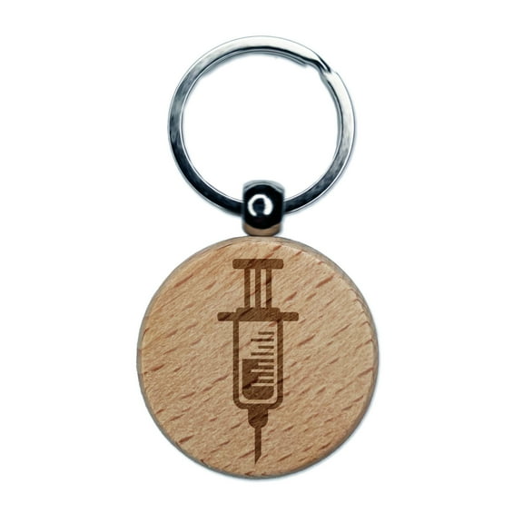 Medical Syringe Round Keychain Charm Tag - Engraved Wood
