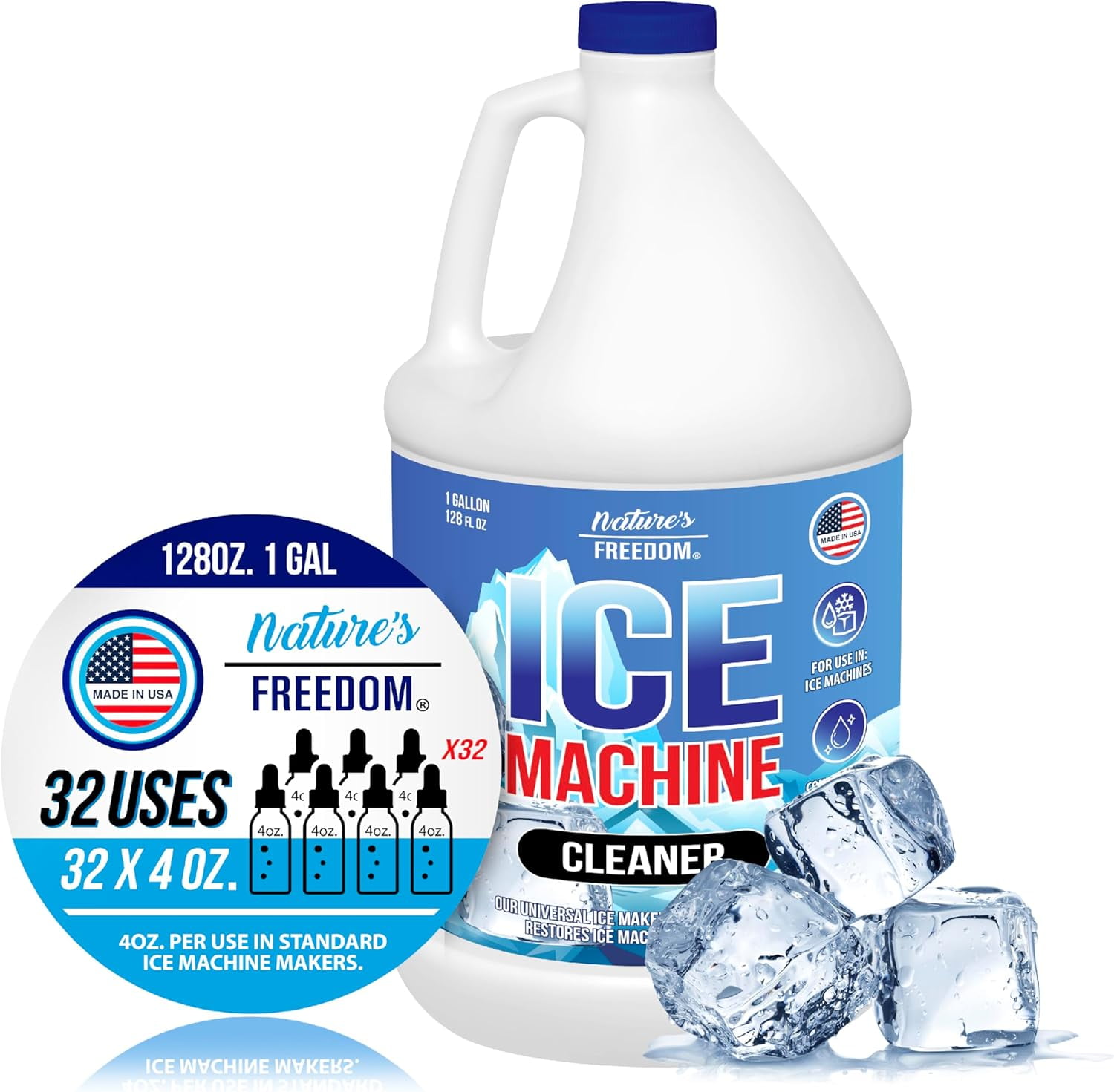 Nature's Freedom Ice Machine Cleaner, 1 Gallon, Nickel-Safe Descaler for Commercial and Residential Ice Makers, 32 Uses