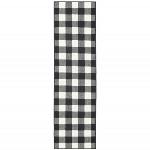 2â€™x8â€™ Black and Ivory Gingham Indoor Outdoor Runner Rug