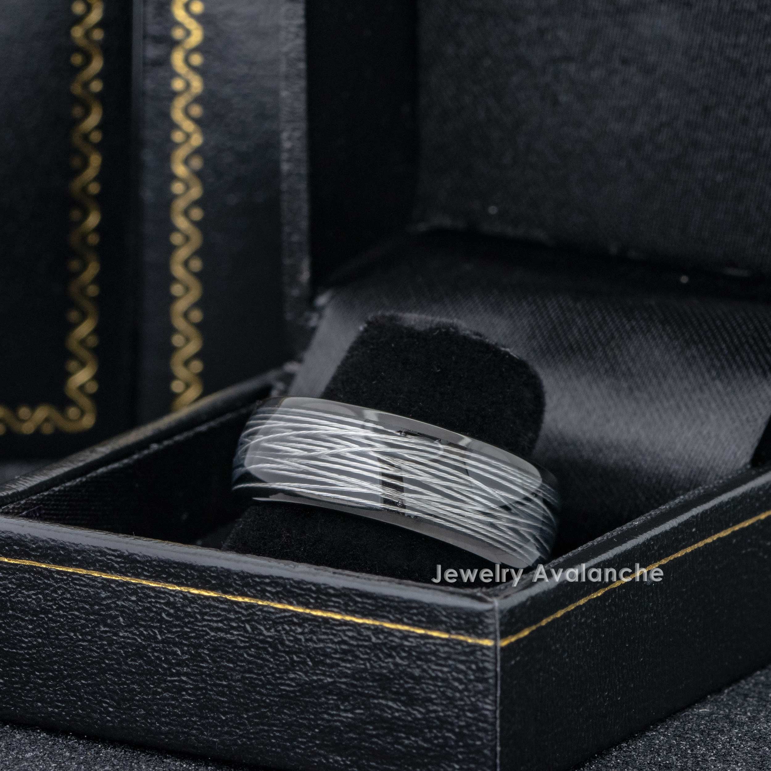 Jewelry Avalanche Wire Inlayed Black Dome Tungsten Carbide Wedding Band for Men, 8MM, size 9