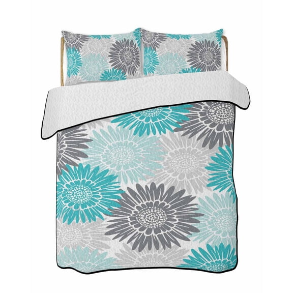 Quilts King Size Bedding Set, Turquoise Grey Sunflowers Lightweight Quilted Comforter, Boho Rustic Floral Vintage Blossom Soft Bedspread Coverlet with Pillow Covers for All Season, 96" x 106"