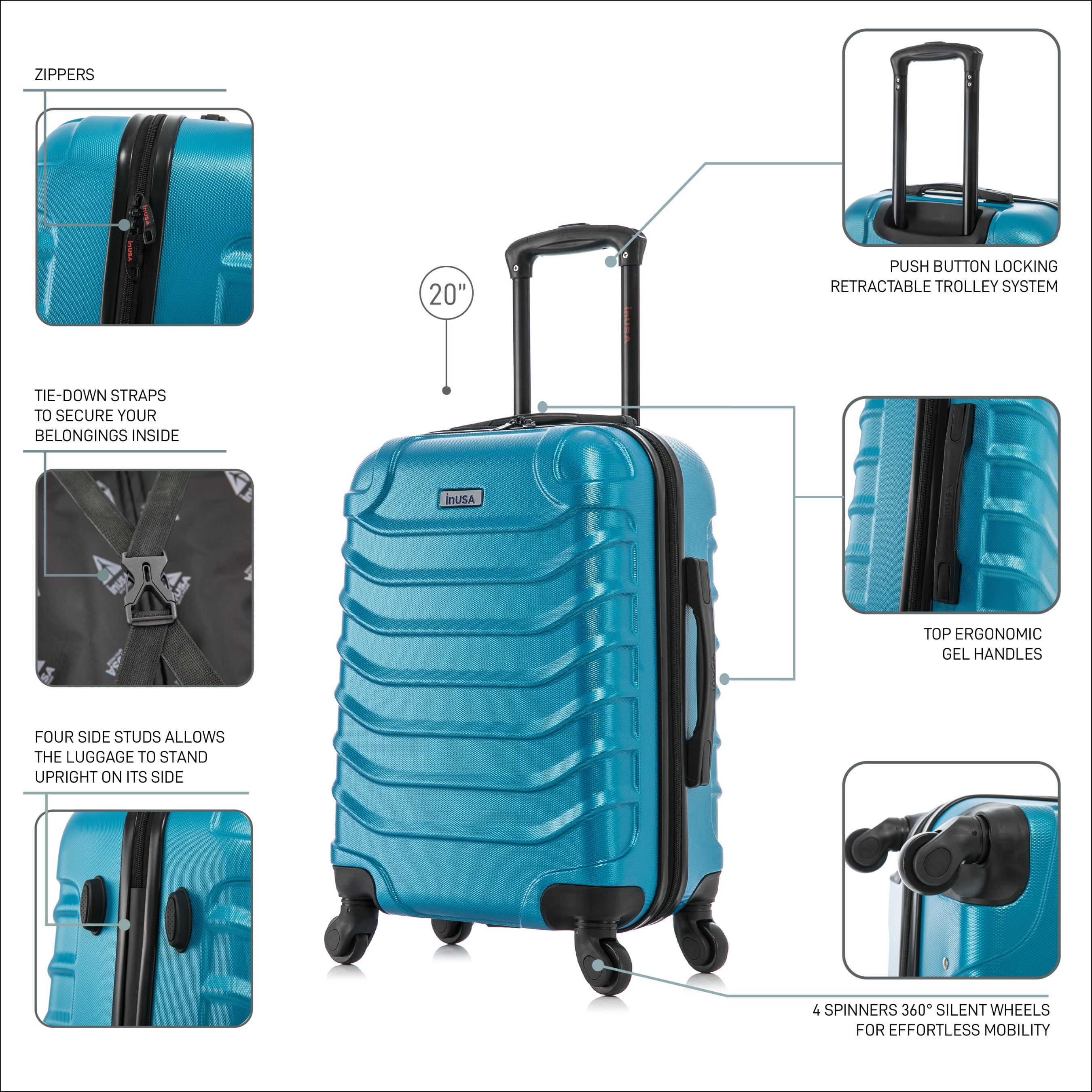 InUSA Endurance 20" Hardside Lightweight Luggage with Spinner Wheels, Handle, and Trolley, Teal