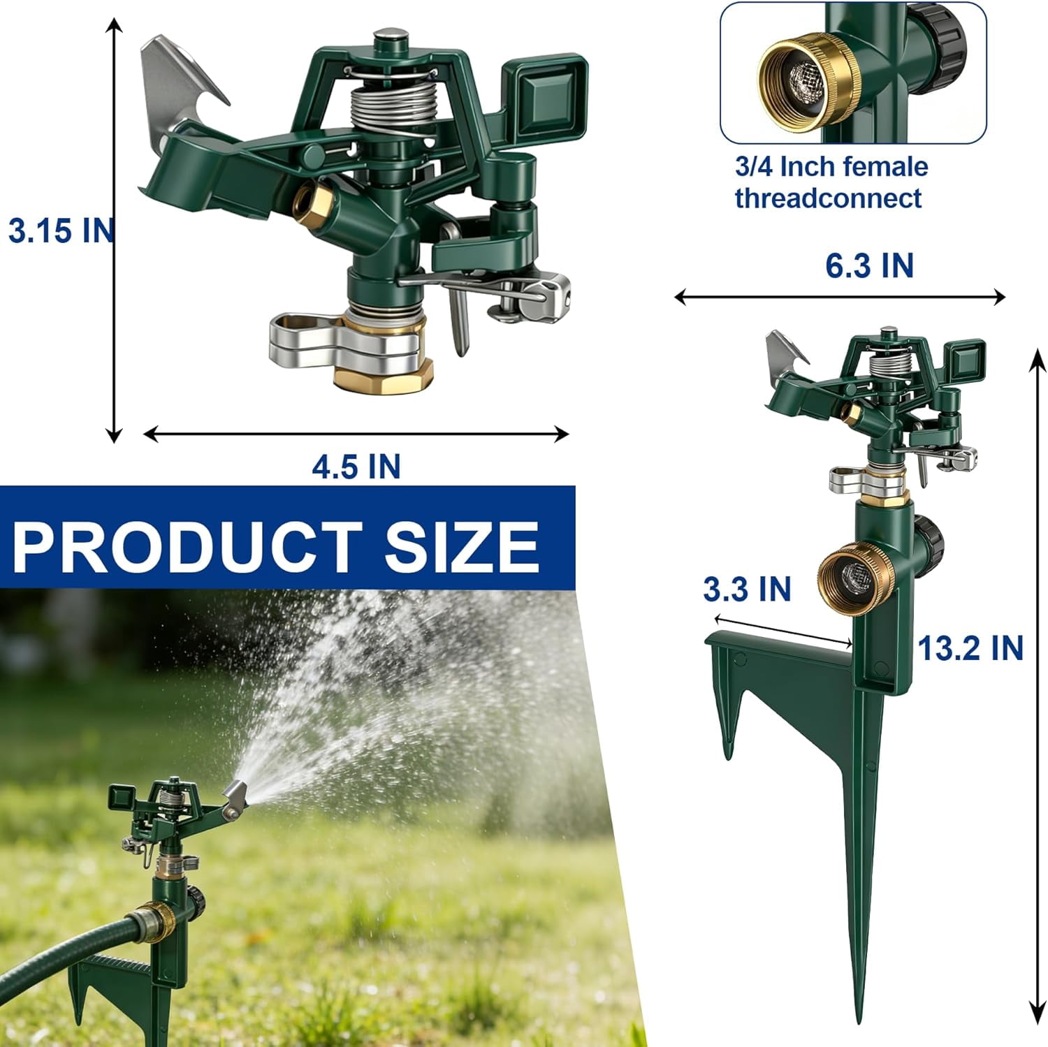 2 Pack Impact Sprinklers for Yard, Adjustable Pulsating Water Sprinkler Head on Step Spike, Zinc Alloy Lawn 360 Degree Large Area Patio Garden Irrigation
