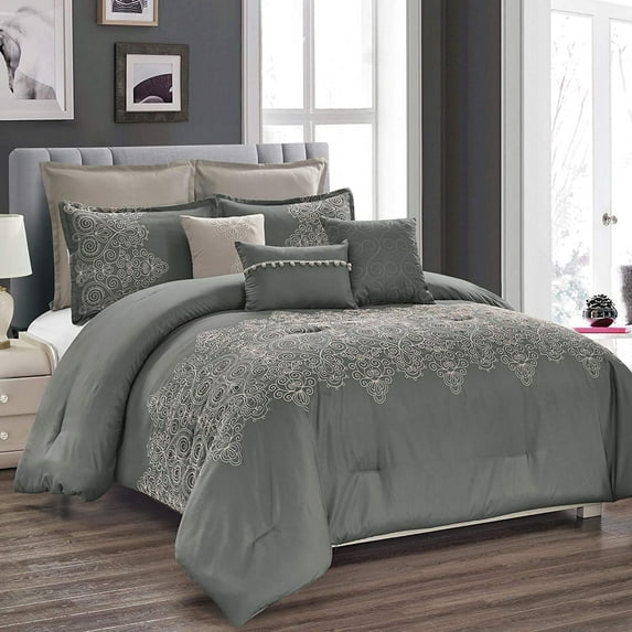 HGMart Bedding Comforter Set Bed In A Bag - 8 Piece Luxury Quilted Embroidered Bedding Sets - Microfiber Bedroom Comforters, King, Grey