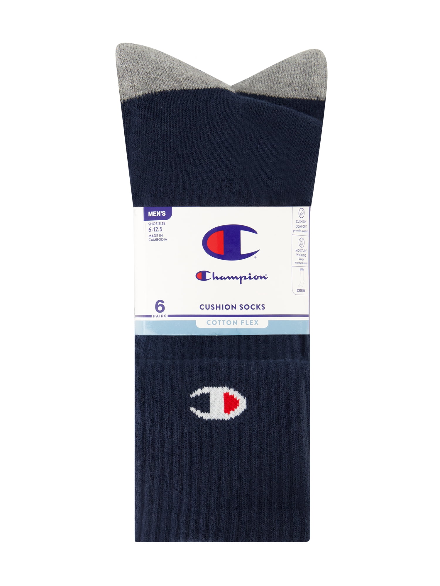 Champion Men’s Crew Socks 6 Pack – Half Terry Cushion, Moisture-Wicking, Arch Support, Stretch Comfort, Sizes 6–12.5