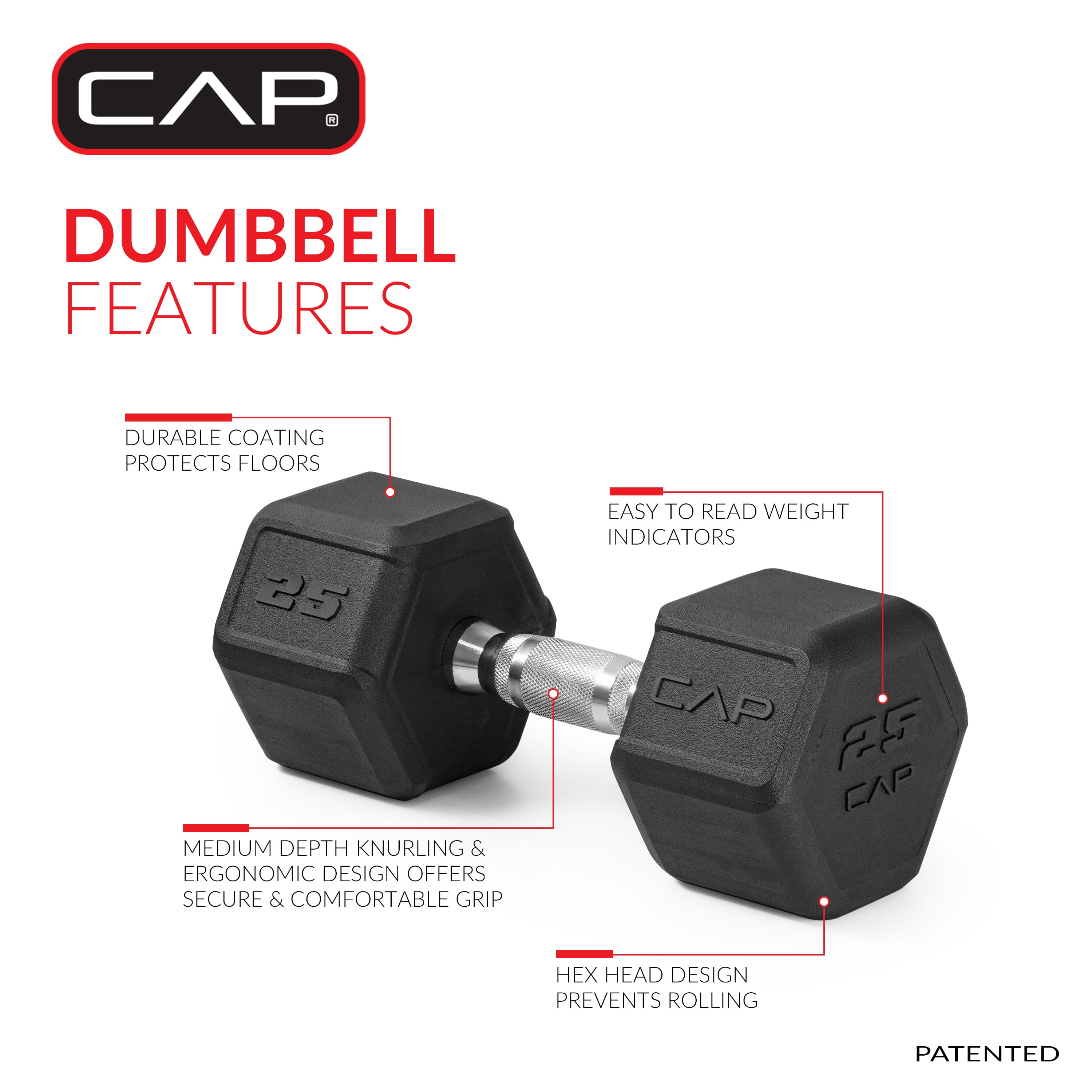 CAP 25 lb Premium Rubber Hex Dumbbell Pair, Chrome Handle, Home Gym Hand Weights
