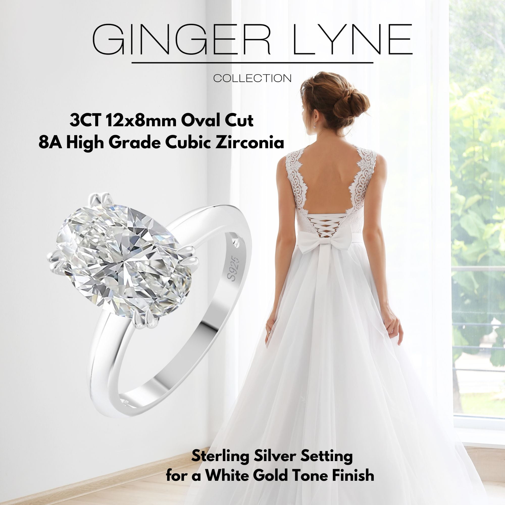 Solitaire 3Ct Oval Cut Engagement Ring for Women Sterling Silver 8A CZ Ginger Lyne Collection