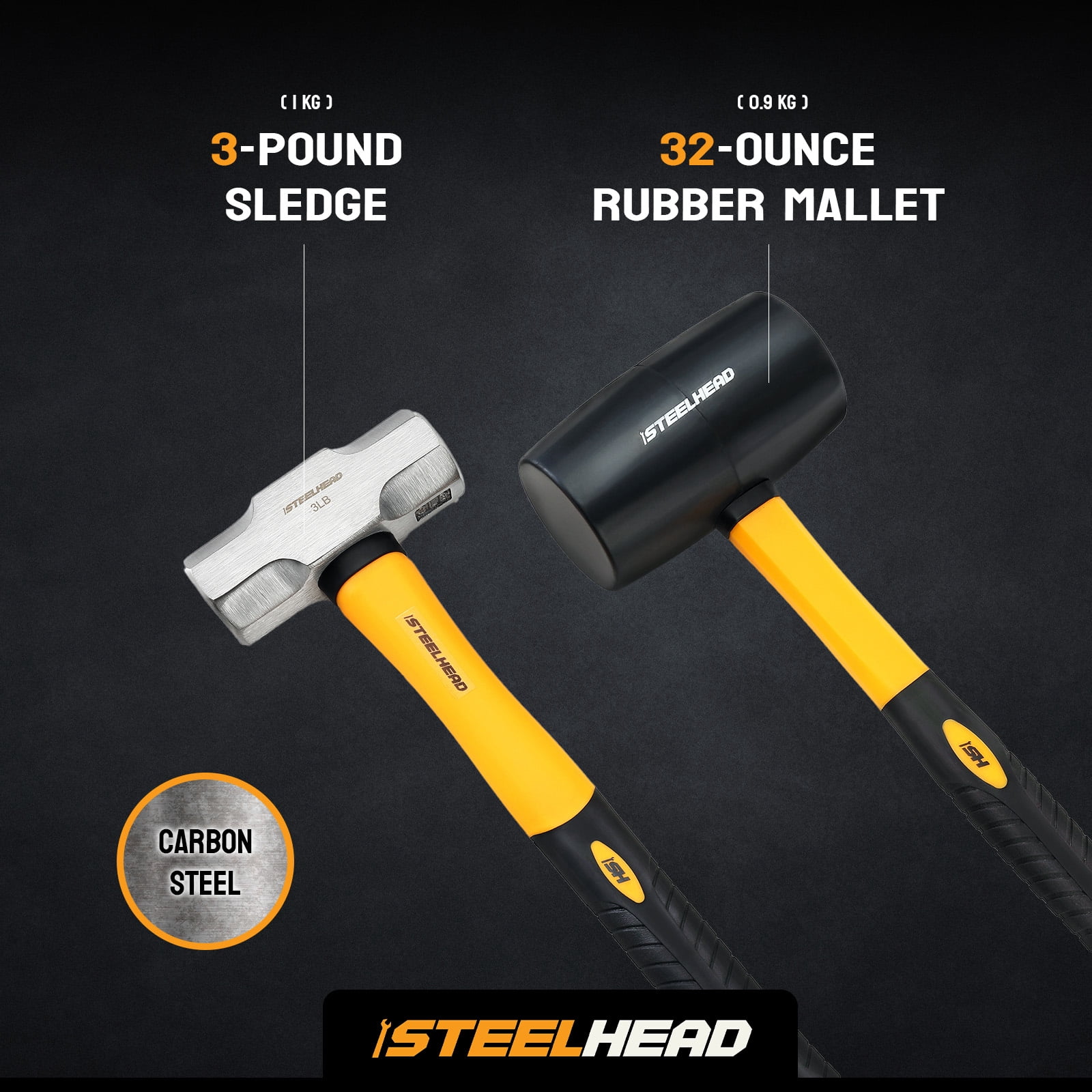 STEELHEAD 5-Piece Fiberglass Handle Hammer & Mallet Set, 16oz Ball-Peen Hammer, 32oz Ball-Pein Hammer, 32oz Rubber Mallet, 3lb Sledge Hammer, 3lb Cross-Pain Hammer