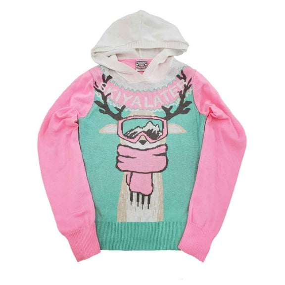 Womens Hot Pink Ski Ya Later Deer Hoodie Long Sleeve Lightweight Knit Sweater L