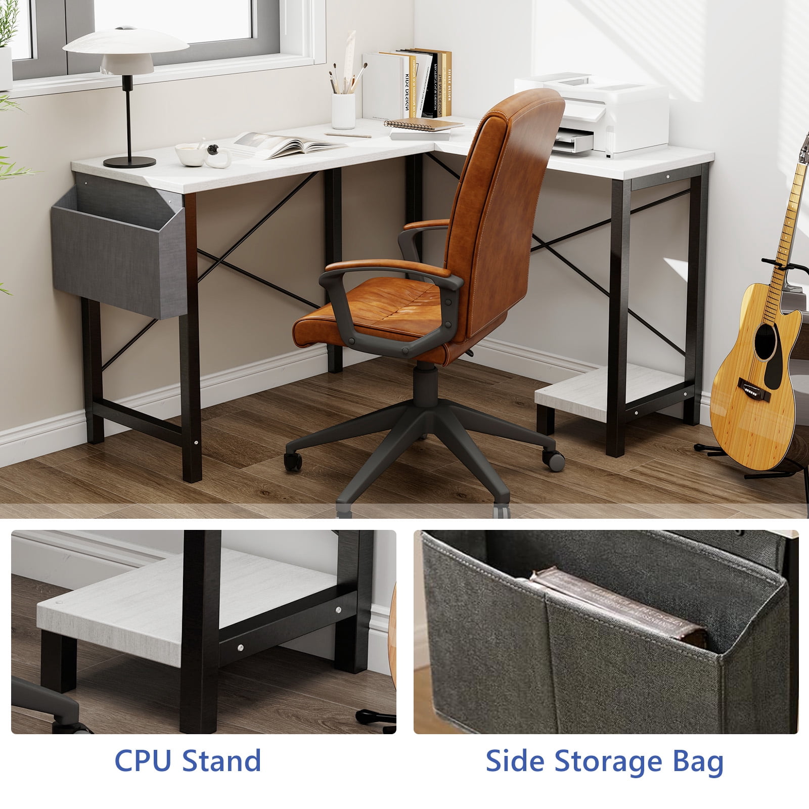 L Shaped Desk, 50 inch Reversible Corner Computer Desk with Storage Shelf & Side Bag, Home Office Working Workstation Gaming Table, White