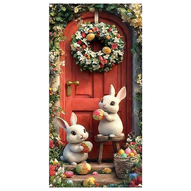 Housse de Porte Lapin de Pâques, Bannières de Rideau de Porte Lapin Rustiques de Printemps pour Porte d'Entrée, Couvre-Porte Décoratifs, Décor de Fond pour Embrasure de Porte pour Porche, Décorations de Fête Extérieures