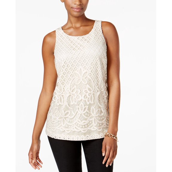 Charter Club Petite Embroidered Mesh Top Vintage Cream PM