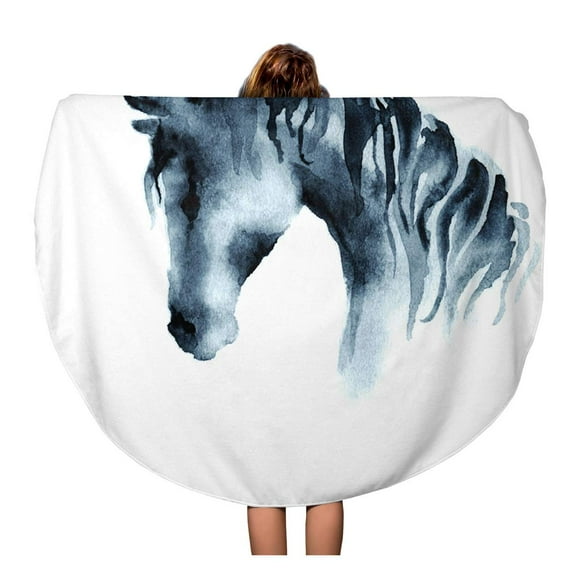 JSDART 60 inch Round Beach Towel Blanket Artistic Wet Watercolor Horse Head Tack Ink Brush Travel Circle Circular Towels Mat Tapestry Beach Throw