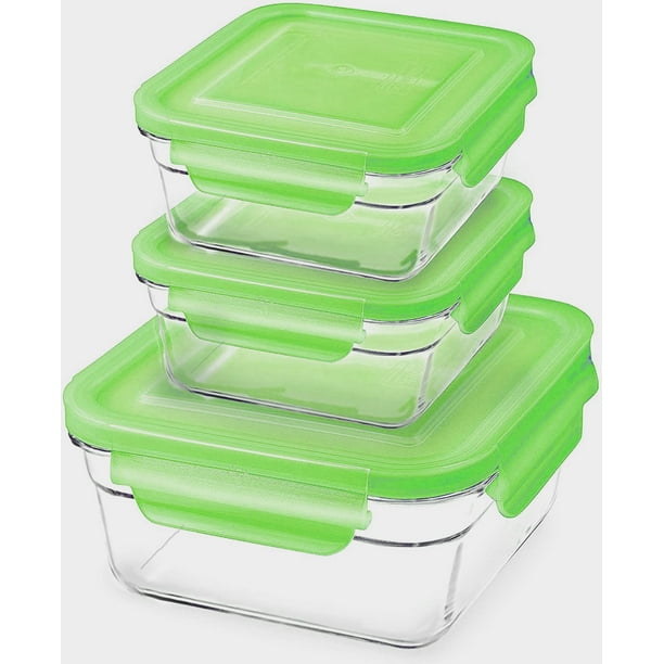 Glasslock Green Lids Square Airtight Food Storage 3 Container Set