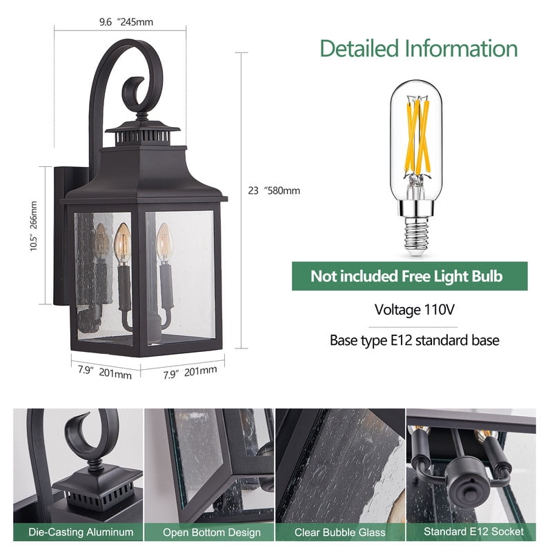 Outdoor Wall Lantern Light, 23" Vintage Black Metal Sconce with Clear Seeded Glass, Weatherproof for Porch, Patio, Garden, 1-Pack (Bulb Not Included)