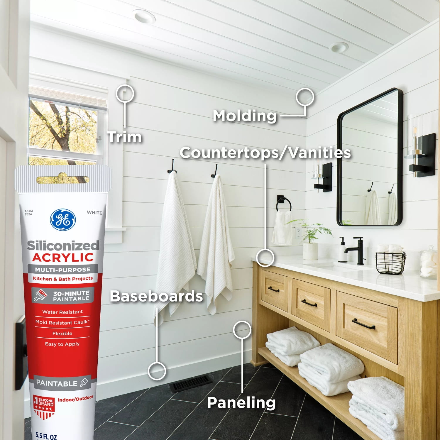 GE Siliconized Acrylic Multipurpose Sealant Kitchen & Bath, Pack of 1, White 5.5 fl oz Tube