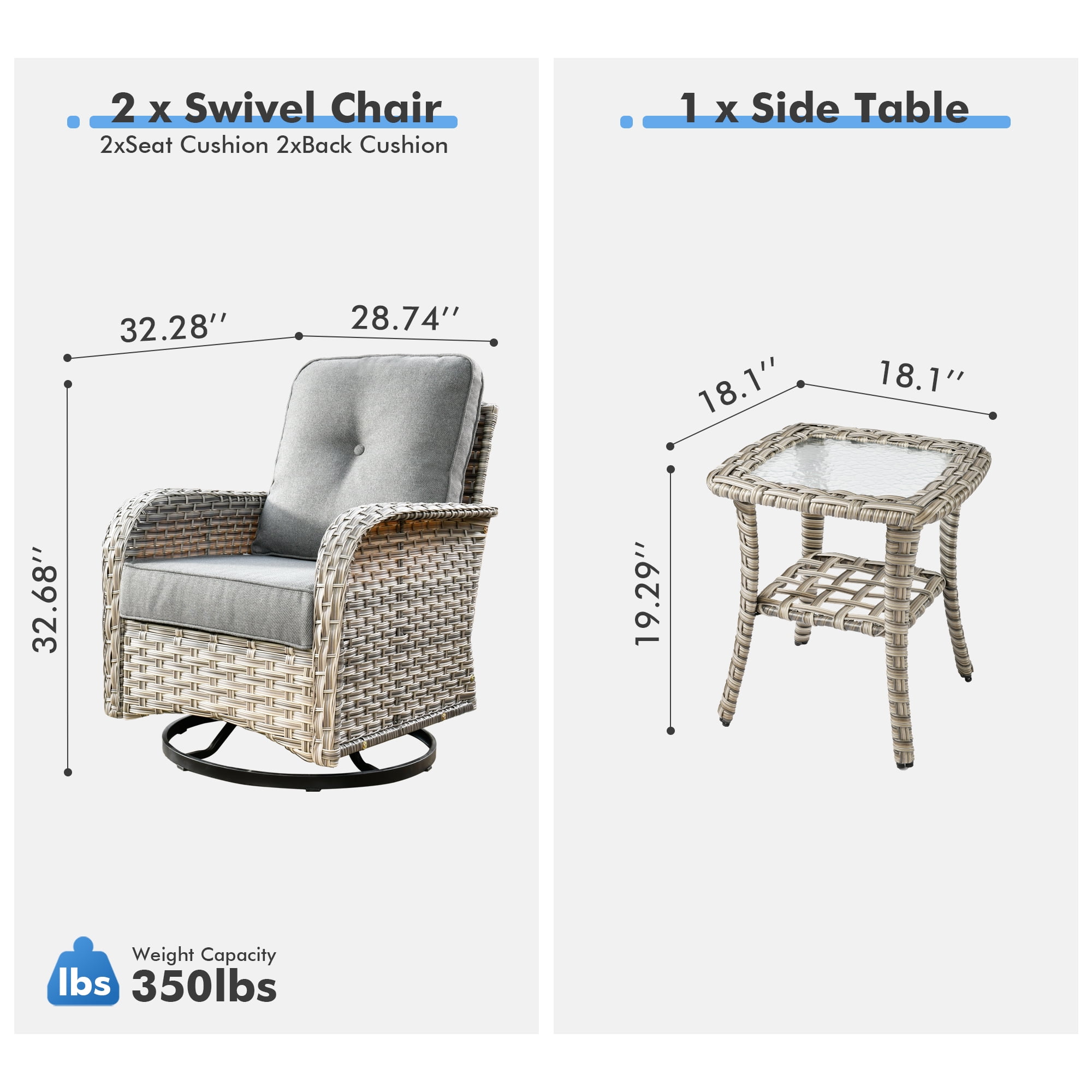 XIZZI 3-Piece Patio Furniture Set High Back Patio Conversation Chairs Set Outdoor Swivel Glider Rocker Chairs Wicker Outdoor Rocking Swivel Chairs with Side Table for Porch, Dark Gray