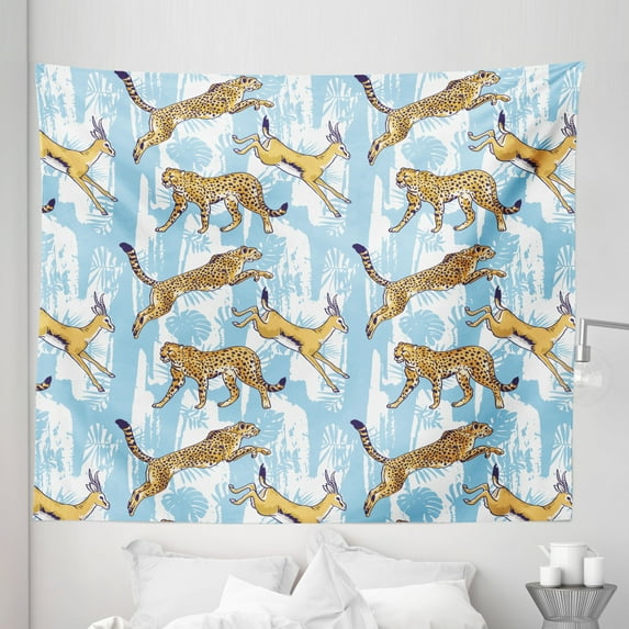 Exotic Tapestry, Predator of Catamount Jaguar Hunting the Charming Gazelle Cartoon Style Drawing, Fabric Wall Hanging Decor for Bedroom Living Room Dorm, 5 Sizes, Multicolor, by Ambesonne