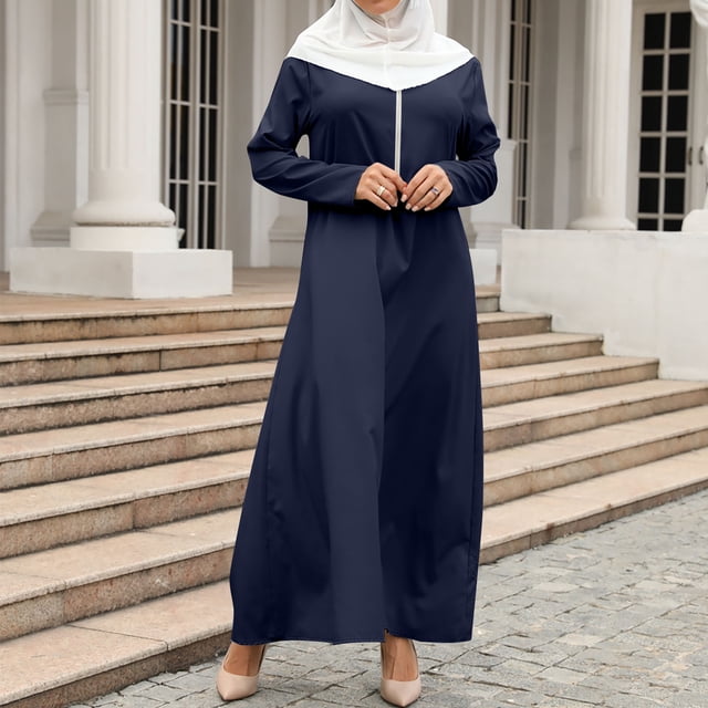 cllios Robes Maxi Musulmanes pour Femmes Été Manches Longues Vêtements de Prière Fermeture Éclair Robe Conservatrice