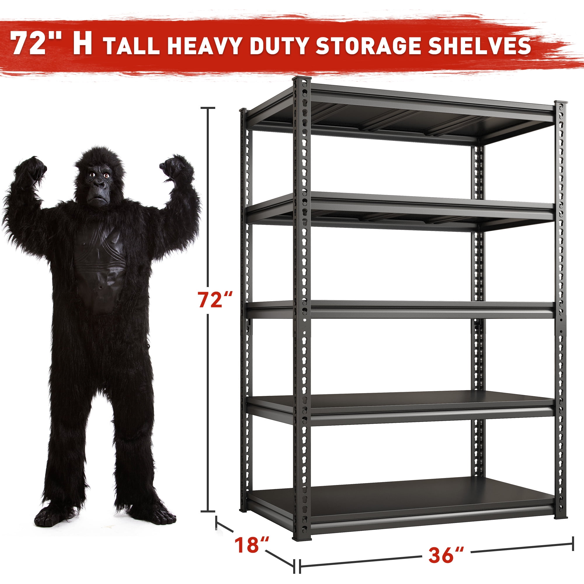 Storage Shelves Heavy Duty Garage Shelving Unit 2000Lbs 5 Tier Adjustable Metal Storage Rack for Basement Pantry,36"W x 72"H x 18"D Black
