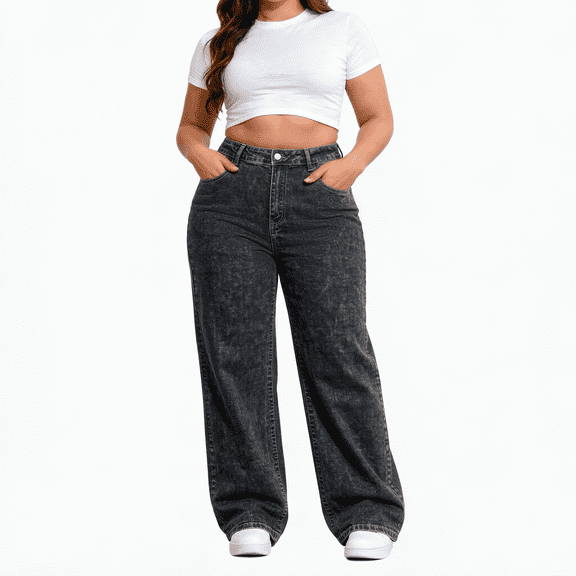QERINTE Womens Plus Size Wide Leg Jeans High Waisted Stretchy Baggy Jean Denim Casual