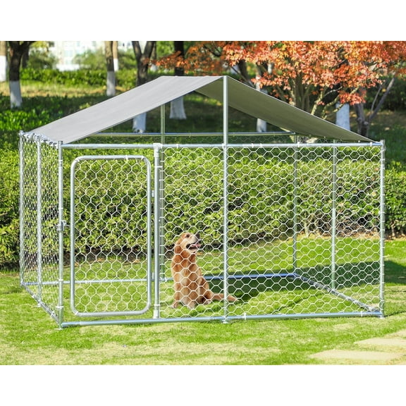 Grepatio Outside Dog Kennel with Waterproof, Outdoor Large Dog Enclosure, Heavy Duty Dog Run Cage, Galvanized Steel Dog Kennel with Secure Lock (7.5'x7.5'x5.3')