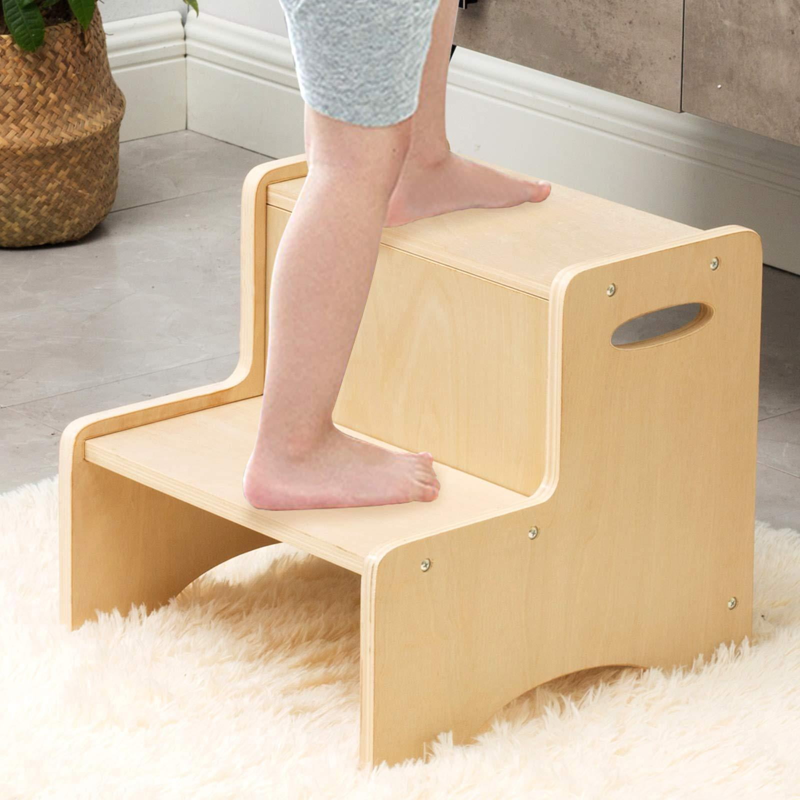 Wooden Step Stool,Two Step Stool for Kids,Supports 200 lbs Kids Toddler Stepping Stool Toilet/Kitchen/Bed Step Stool,Natural 