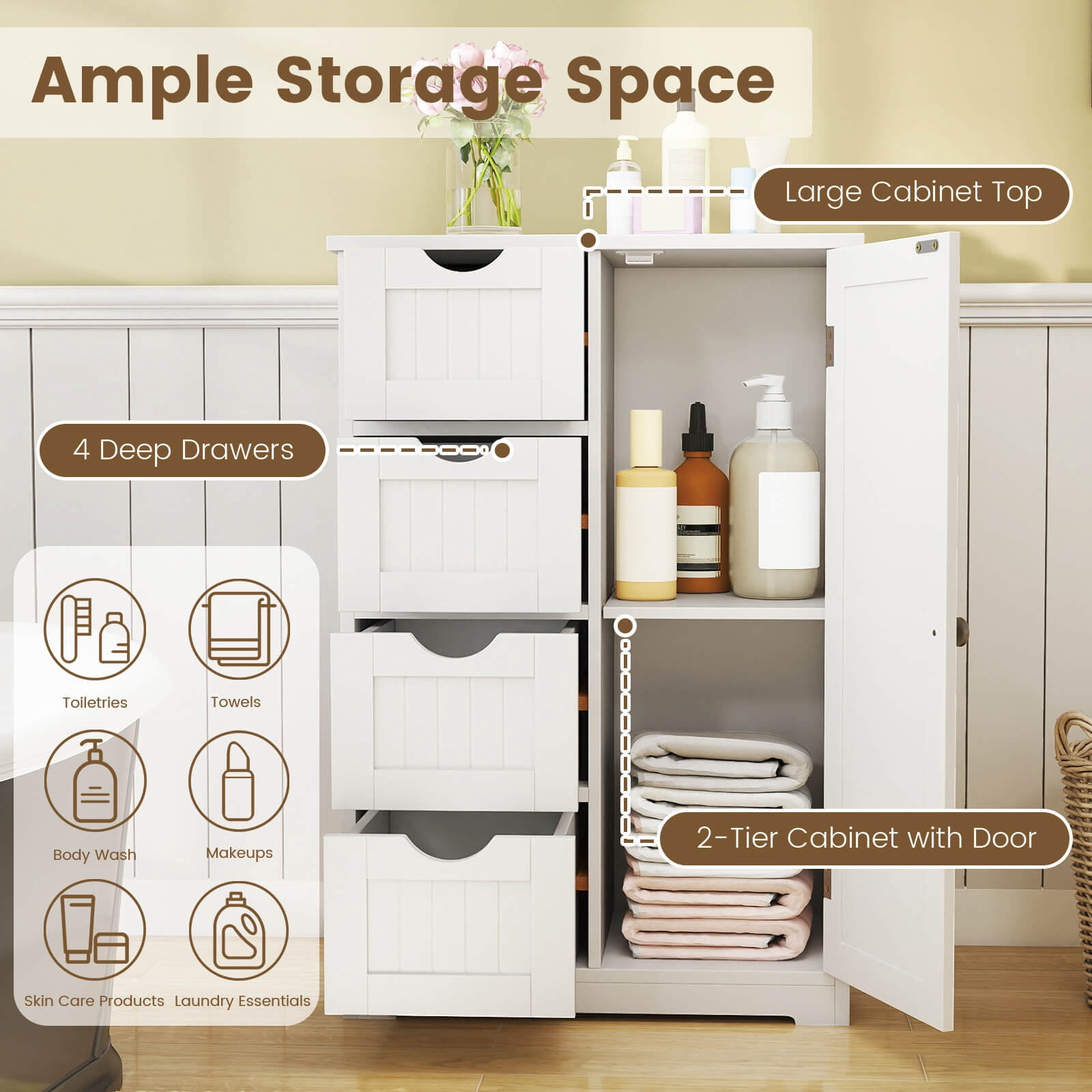 Costway Wooden 4 Drawer Bathroom Cabinet Storage Cupboard 2 Shelves Free Standing White