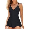 thumbnail image 2 of Hilor Women's One Piece Swimsuits Shirred Tummy Control Bathing Suits V Neck Skirted Swimdress with Swim Brief Black 8, 2 of 9