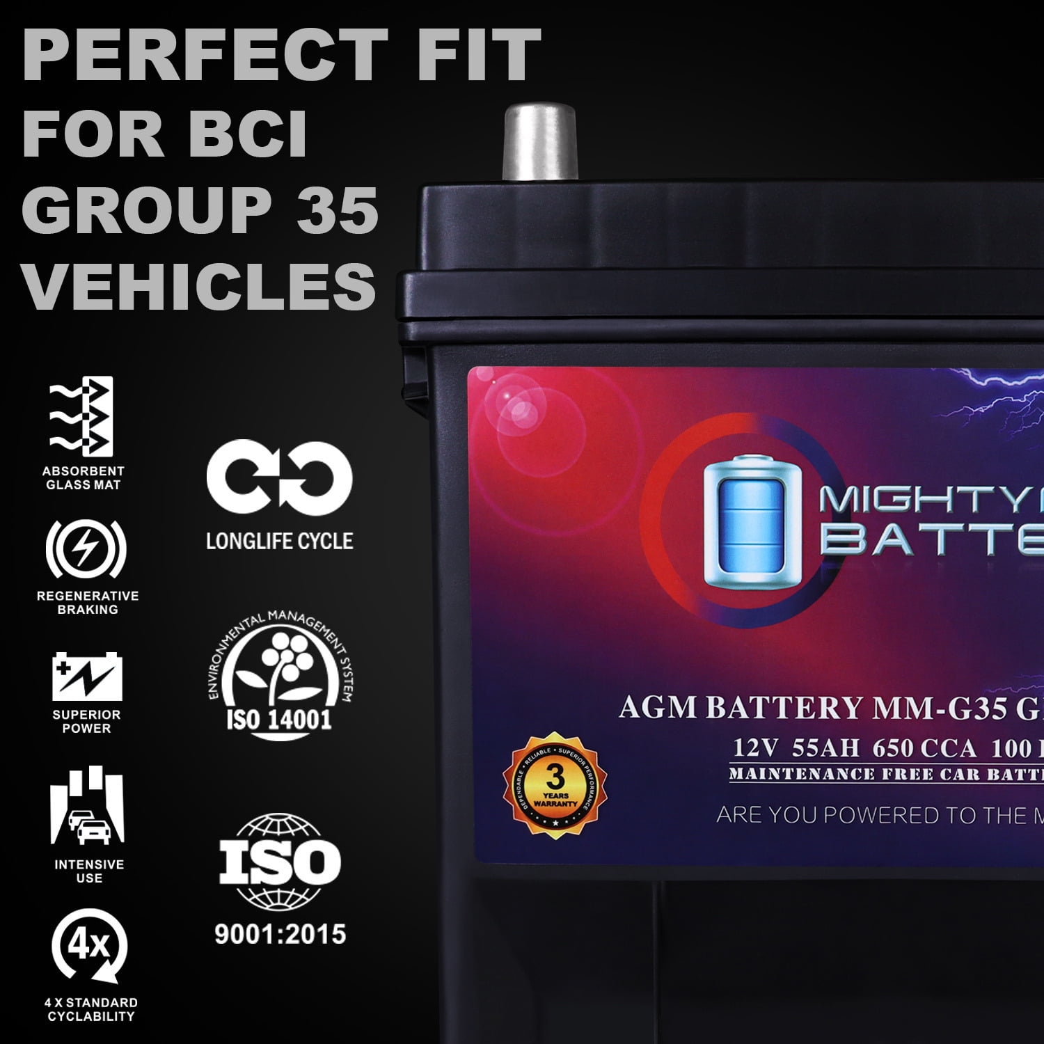 MM-G35 Start and Stop Car BCI Group Size 35 12V 55Ah, 100RC, 650 CCA Rechargeable AGM Car battery