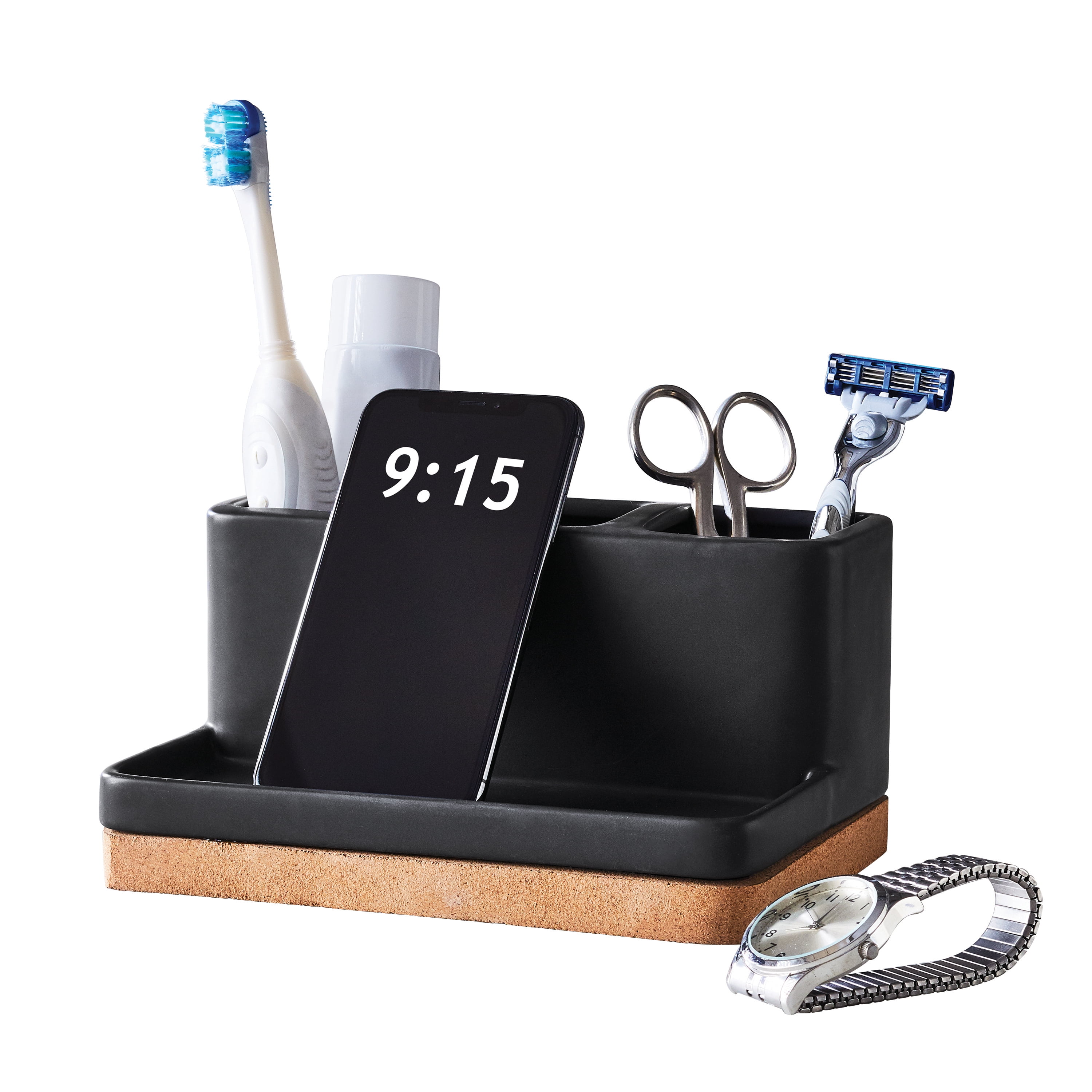 Better Homes & Gardens Matte Black and Cork Vanity Organizer with Tray and 3 Compartments